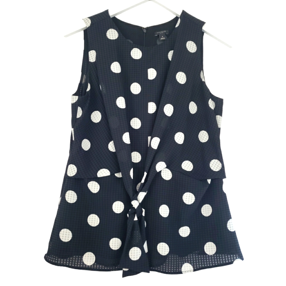 Ann Taylor Petite Front Tie Polka Dot Blouse Size 8P in Black/White